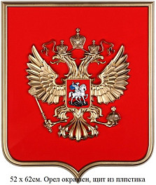 Герб России на геральдическом щите 52 х 62 см с рамкой. 6 вариантов изготовления.